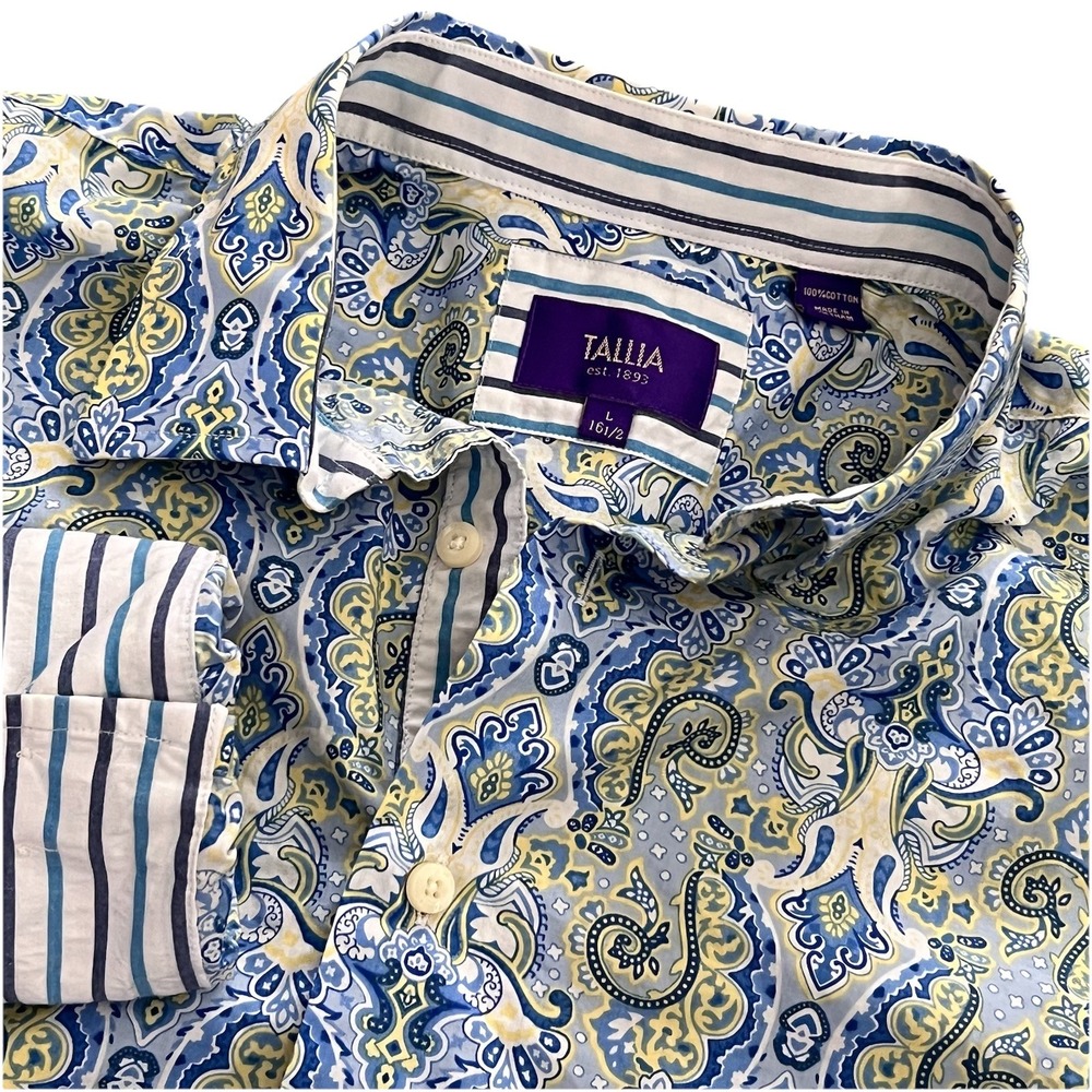 Tallia Flip Cuff L Mens Button Up Shirt Blue Paisley Cotton Western Cowboy Prep